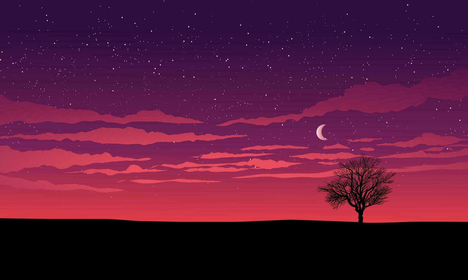 1633x980 Starry night sky background with tree silhouette and moon