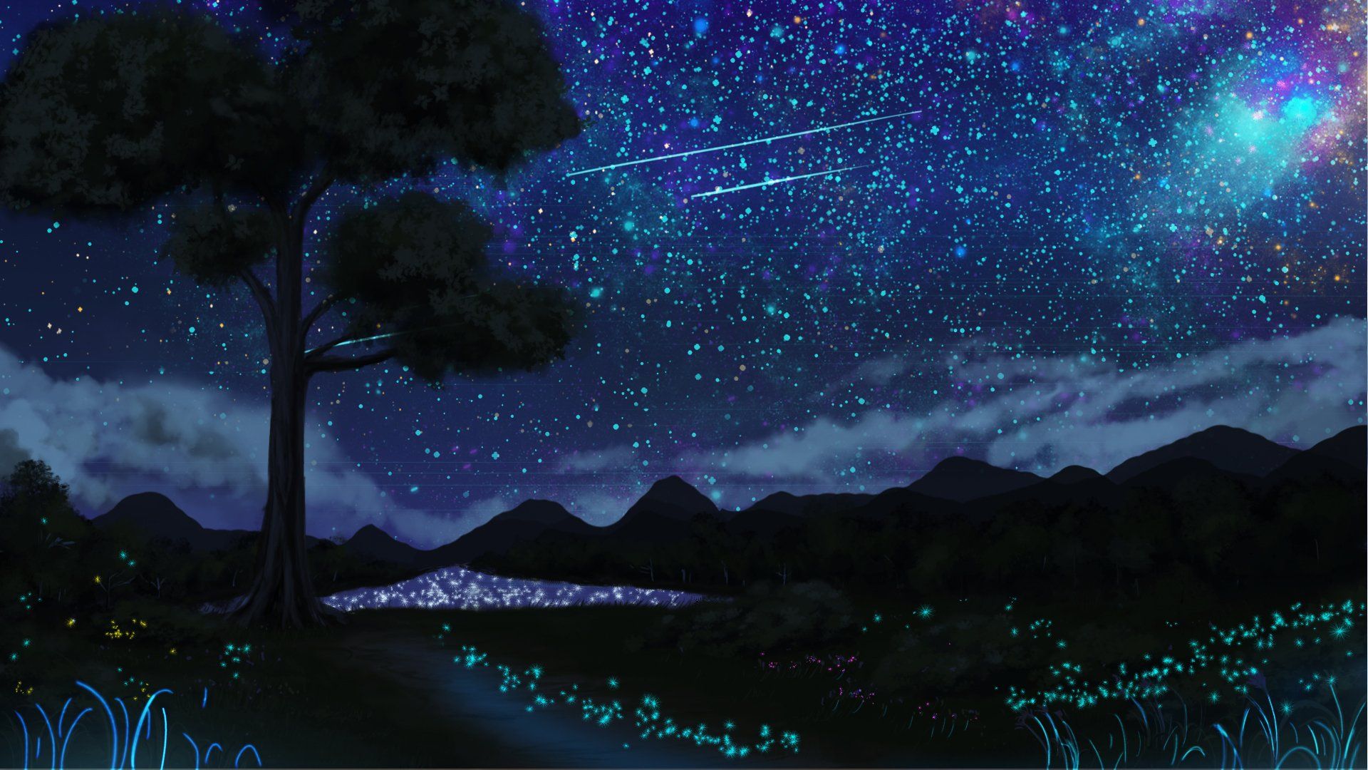 1920x1080 Download Night Shooting Star Starry Sky Tree Anime Original Anime Night HD Wallpaper