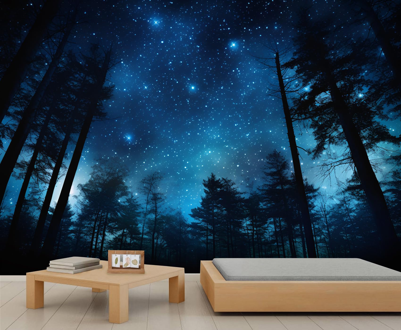 1700x1400 RWIEHO Blue Starry Sky Night Wallpaper, Forest Tree Silhouette Wall Paintings, Natural Wall Mural for Living Room Bedroom, Forest Wallpaper Home Decor.4 W x 68.9 H