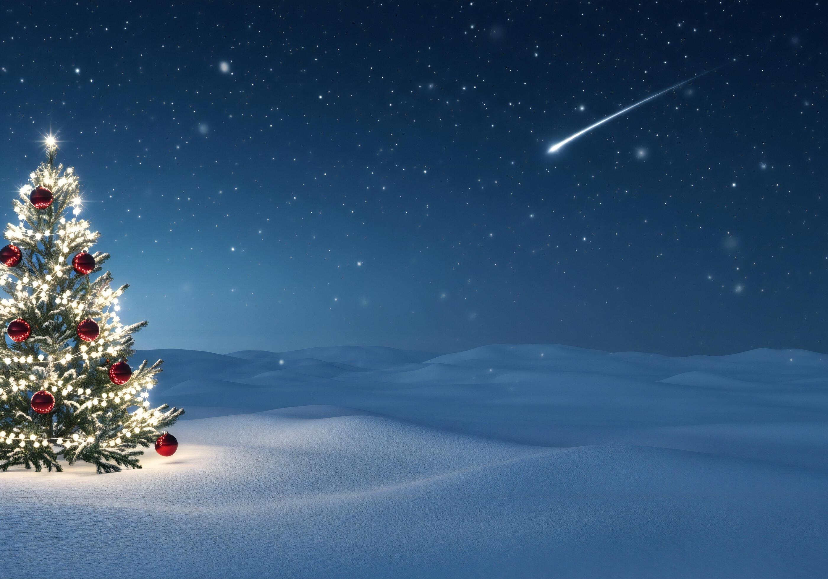 2800x1960 Christmas background, Christmas wallpaper, A decorated Christmas tree in a snowy landscape under a starry night sky with a shooting star
