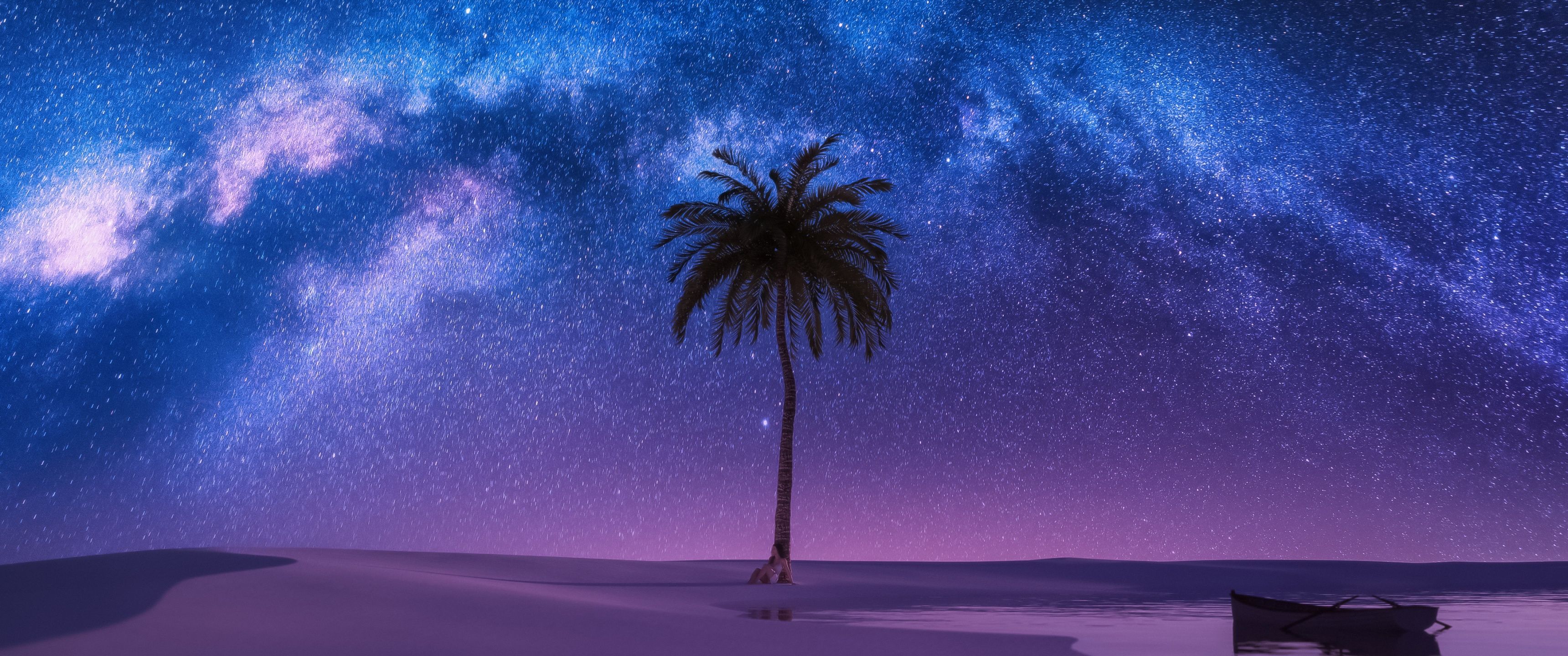 3440x1440 Milky Way Wallpaper 4K, Nightscape, Palm tree, Surreal