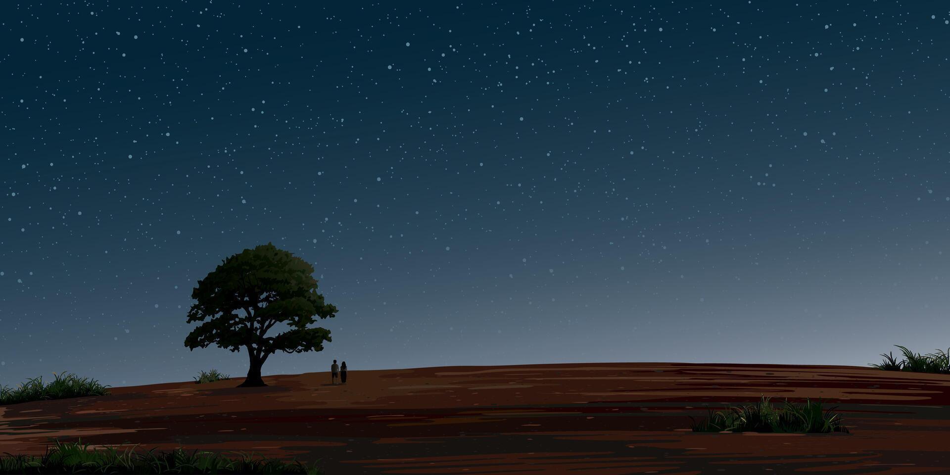 1920x960 Night at minimalist hill landscape and big tree with silhouetted couple of lover have night sky with a lot of stars background graphic illustration