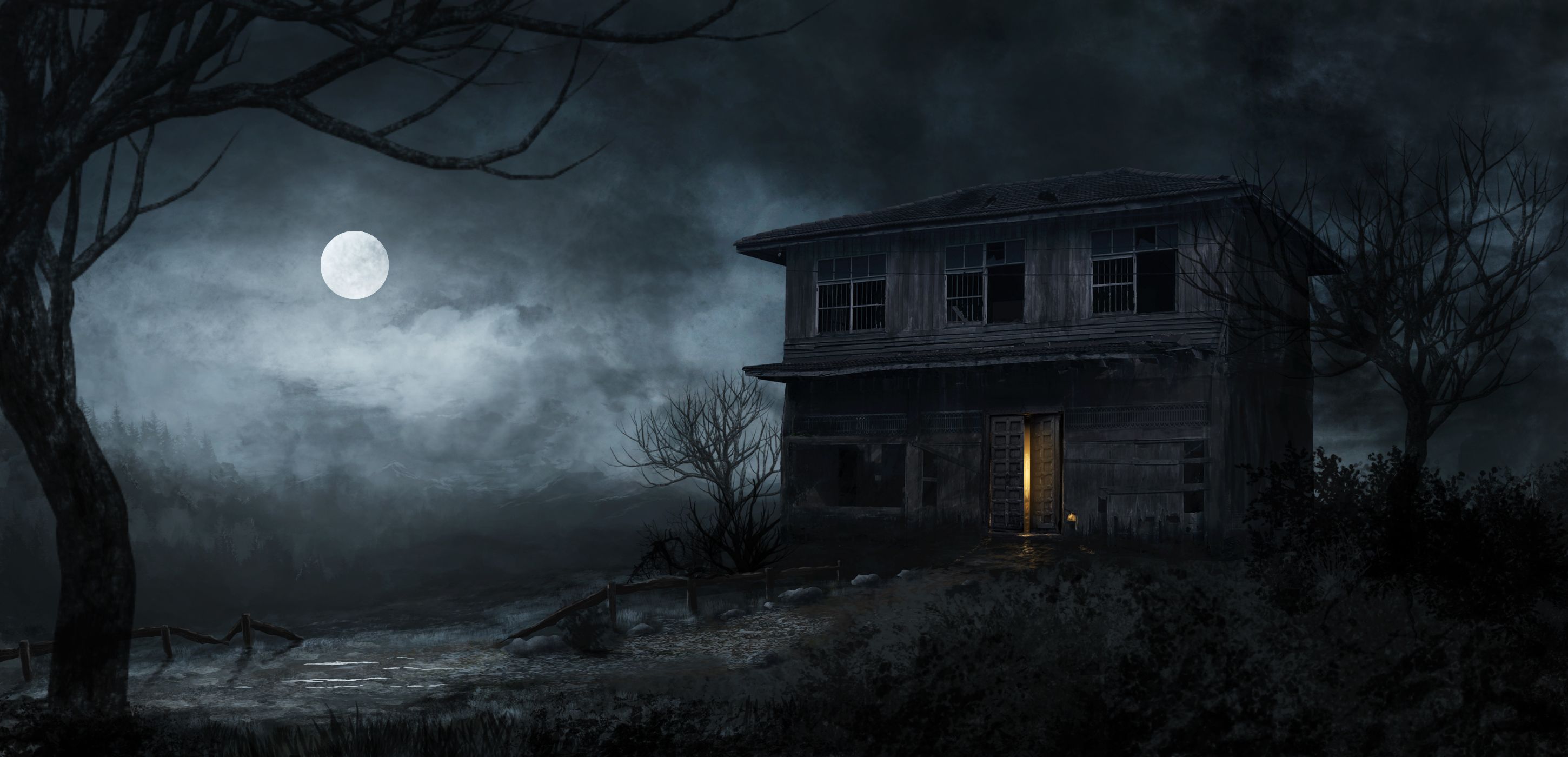 2900x1400 Wallpaper trees, night, the moon, swamp, home, haunted house for mobile and desktop, section разное, resolution 2900x1400