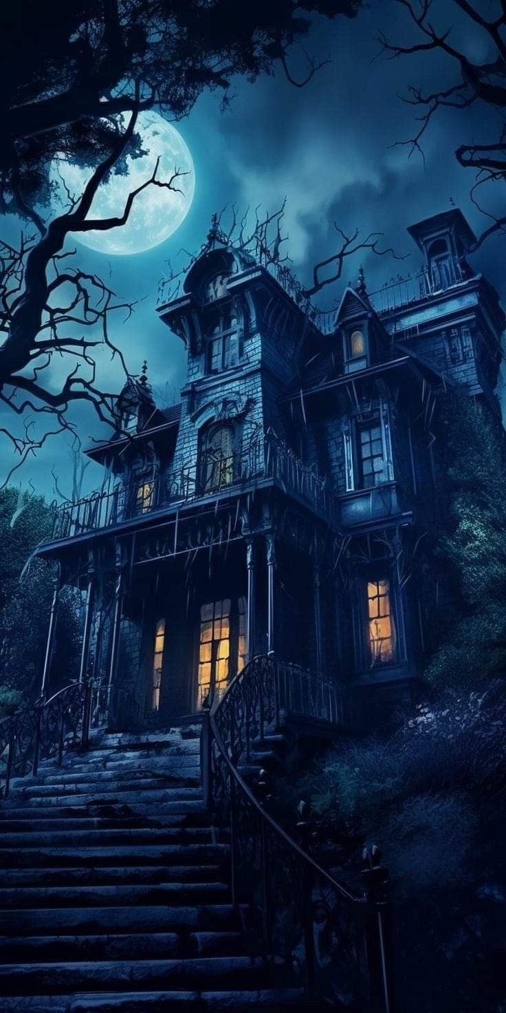 736x1472 Creepy House with Full Moon. Haunted mansion stairs wallpaper 4k, Scary mansion wallpaper, Haunted castle