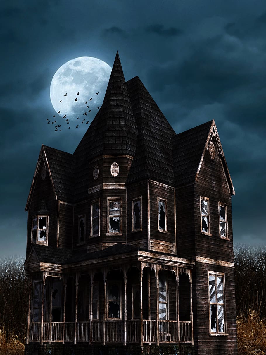 910x1213 gray, black, mansion illustration, halloween, bates hotel, gruslehaus, horror, creepy