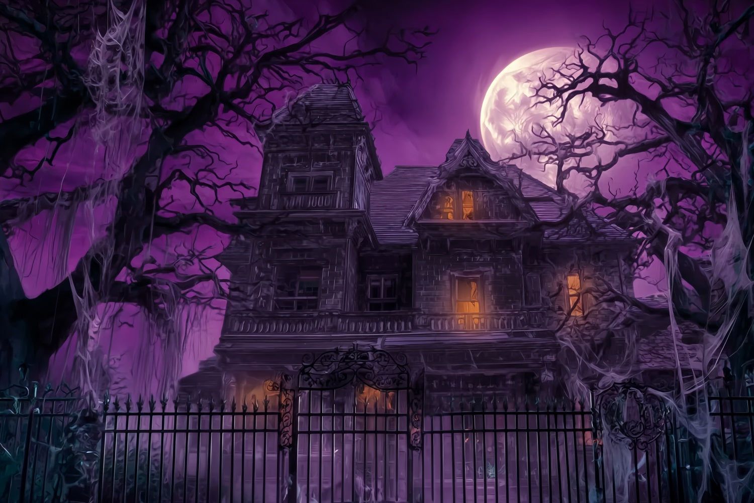 1500x1000 Halloween Haunted Mansion Backdrop Purple Sky Full Moon Scary Halloween Backdrops TWW59 63