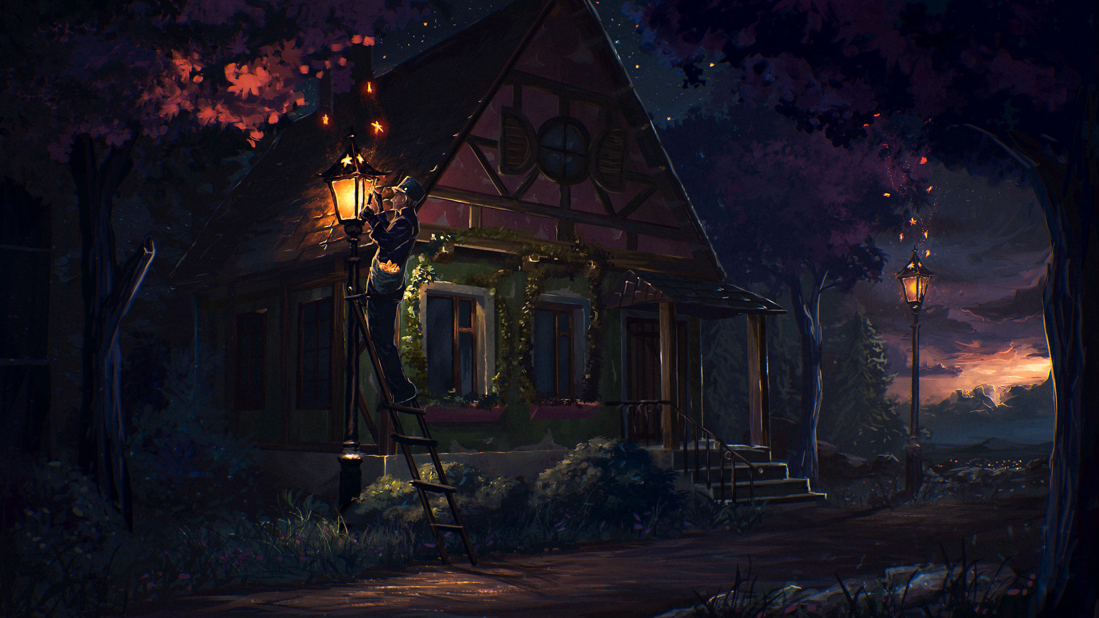 3840x2160 House Night Wallpaper