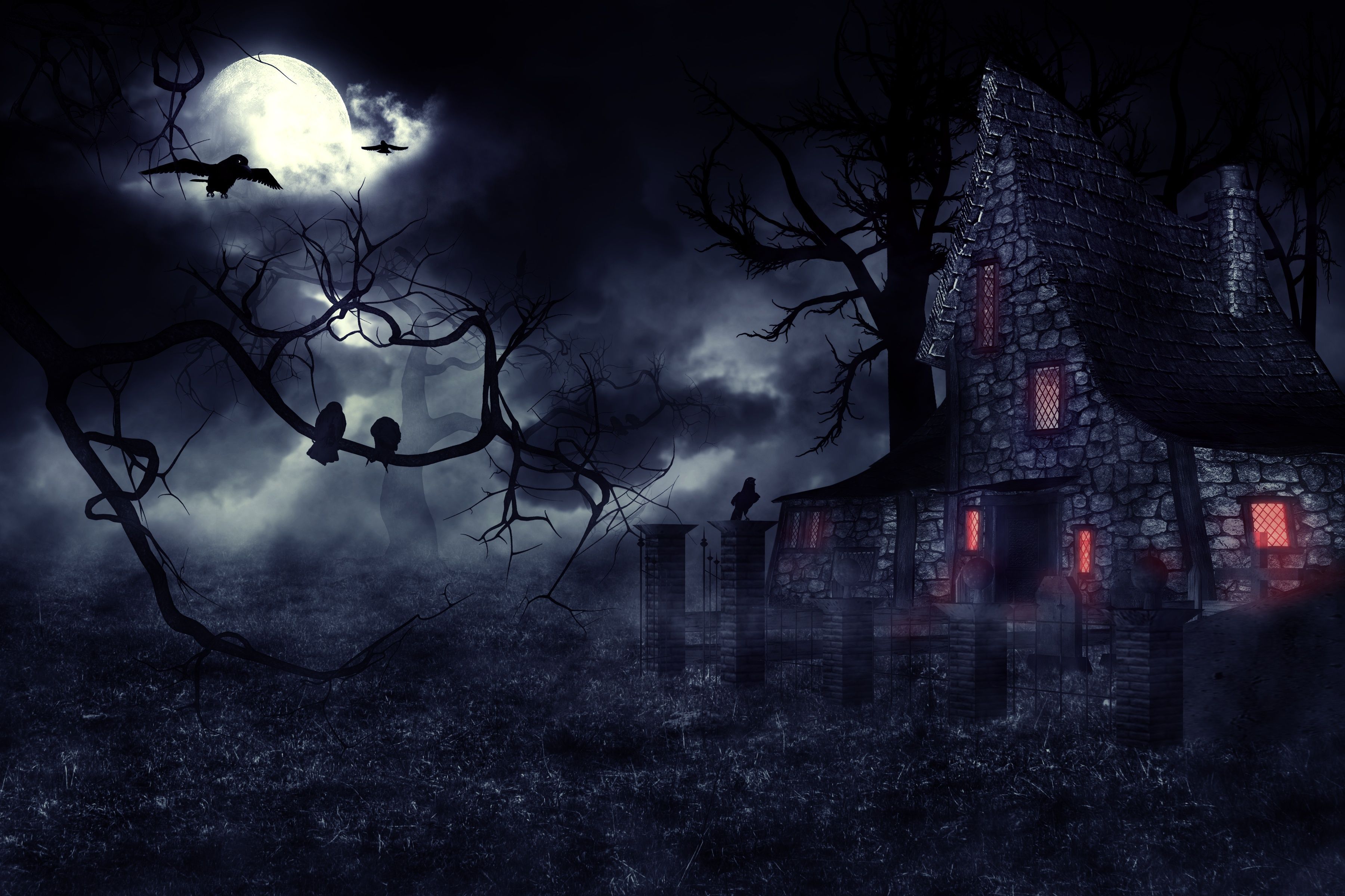 3600x2400 Wallpaper night, fog, Gothic, mystic, crows, the full moon, haunted house, gloomy castle for mobile and desktop, section рендеринг, resolution 3600x2400