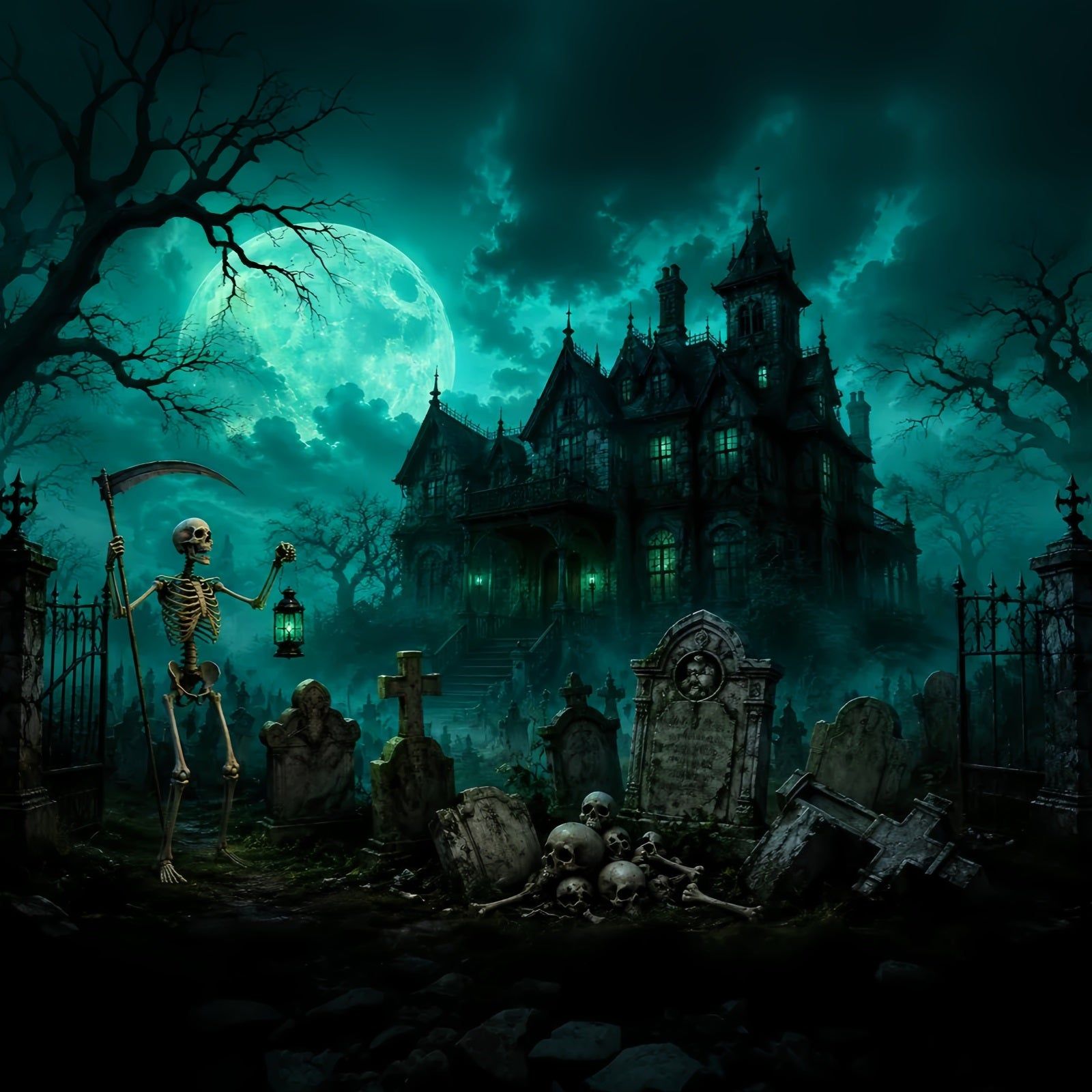 1600x1600 Halloween Graveyard Backdrops Moonlit Skeleton Cemetery Mansion Photo Booth Halloween Backdrop LXX67 181