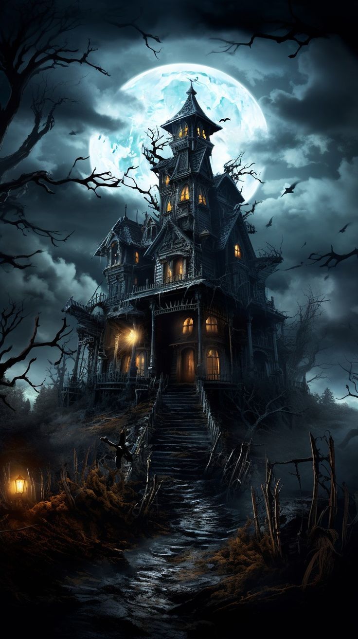 736x1313 Haunted House with Spooky Stairs. House of horrors halloween, Haunted house halloween, Haunted house at night wallpaper