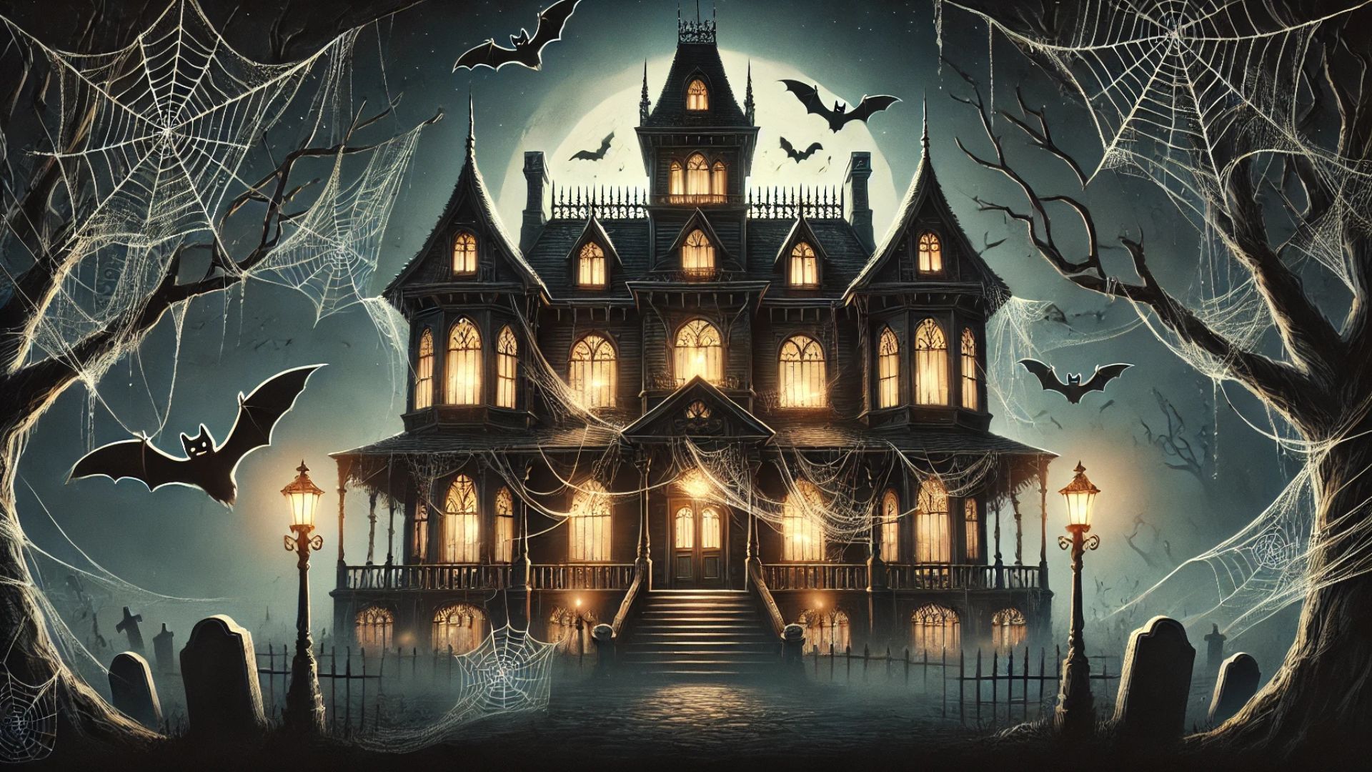 1920x1080 classic haunted mansion wallpaper featuring a large, eerie house with cobwebs draped over the windows. Bats are flying around the mansion HD halloween Wallpaper
