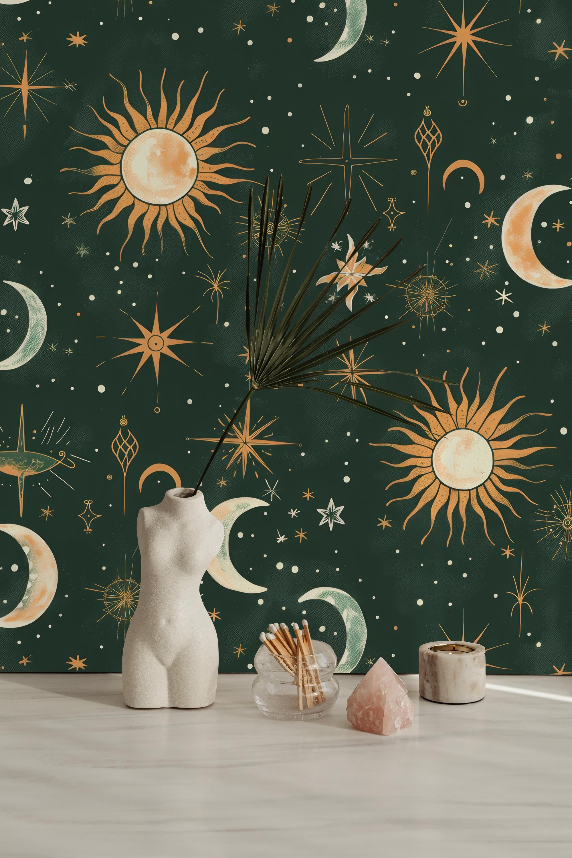 1999x3000 Emerald Green Celestial Wallpaper: Gold Star Peel & Stick Mural