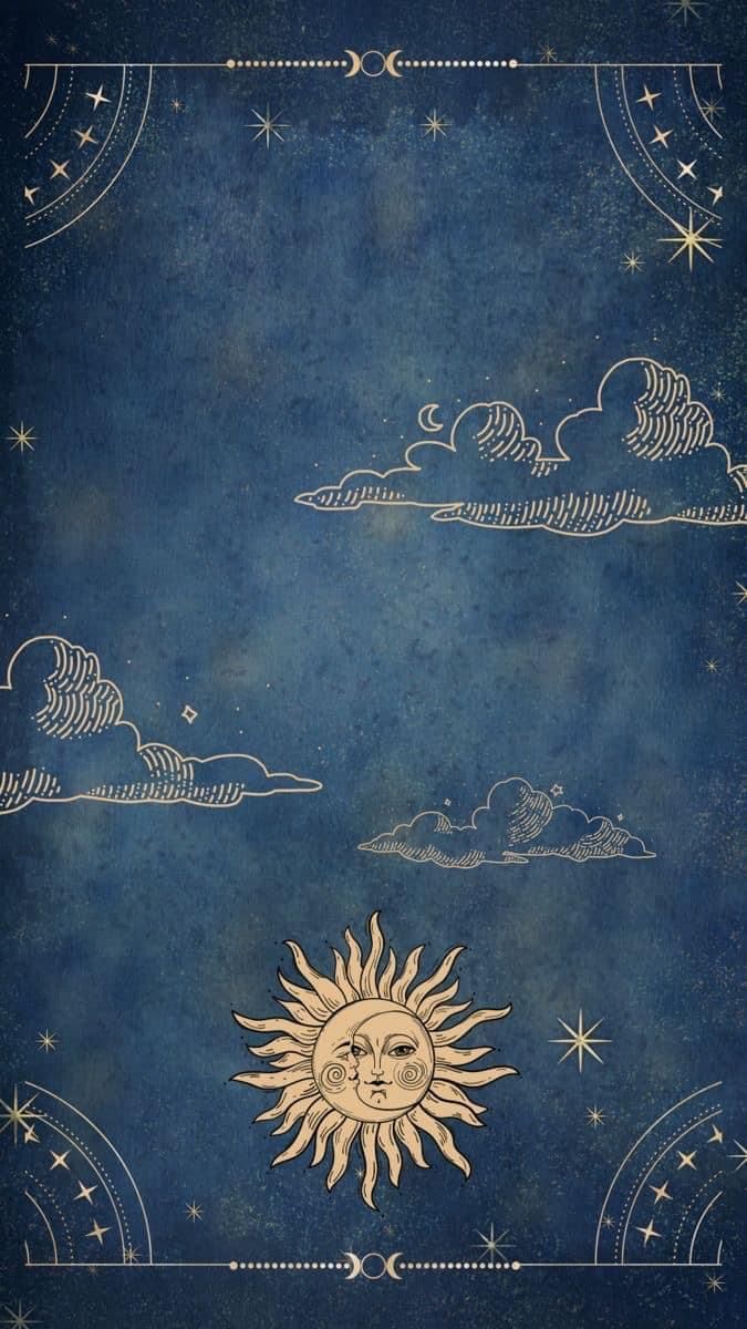 675x1200 Celestial Sun and Moon Wallpaper. Blue sky with sun design, Home decor inspiration, Sun and clouds on blue background
