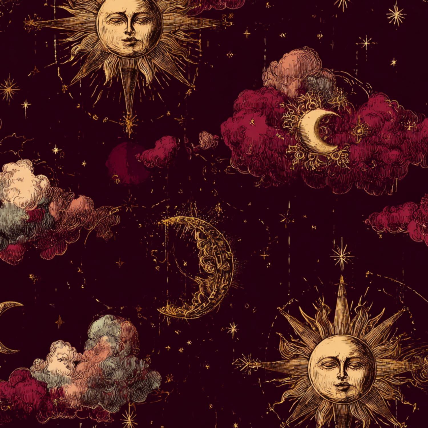 1500x1500 Vintage Celestial Peel and Stick Wallpaper Baroque Clouds Shimmering Stars Gold Foil Dark Red Wall Mural 23.6in x 9.8ft Self Adhesive Removable Wall