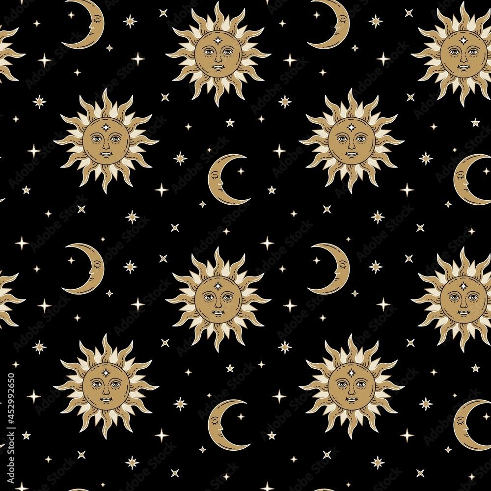 1000x1000 Sun And Moon Vintage Seamless Pattern. Magic Background With Gold Stars And Celestial Astrological Symbols For Fabric, Wallpaper, Decoration On Black Color. Vector Illustration Stock Vektor