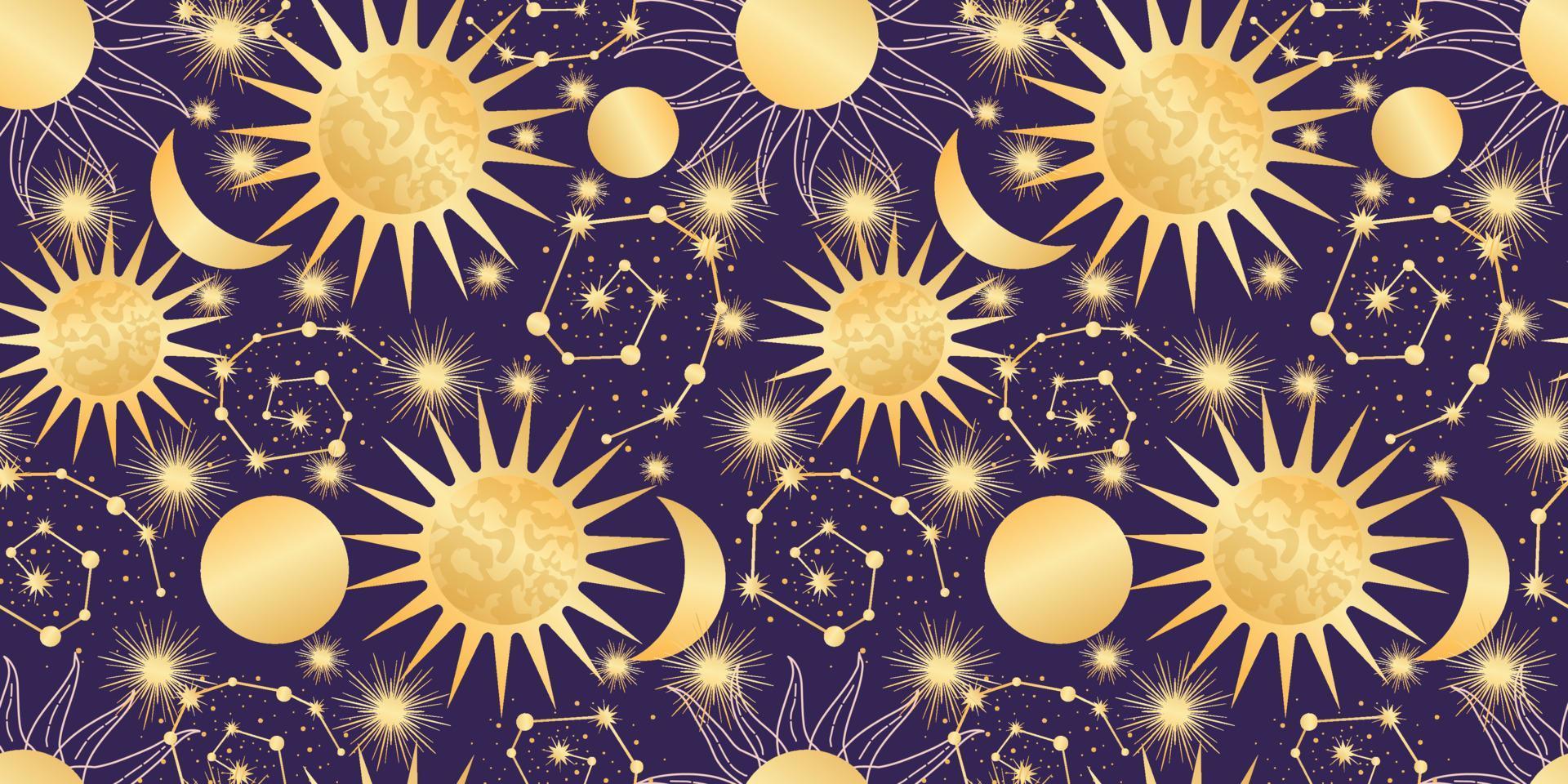 1920x960 Star celestial seamless pattern with sun and moon. Magical astrology in vintage boho style. Golden sun with rays and constellation. Vector illustration