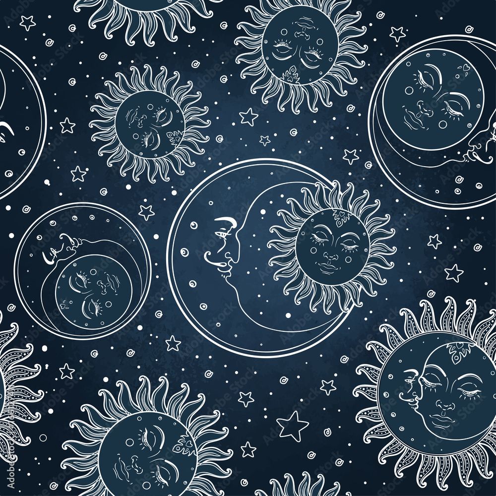 1000x1000 Vetor Sun and moon vector seamless pattern with stars. Vintage style. Wallpaper, wrapping paper or fabric design for children. Astronomy, astrology, magic. do Stock