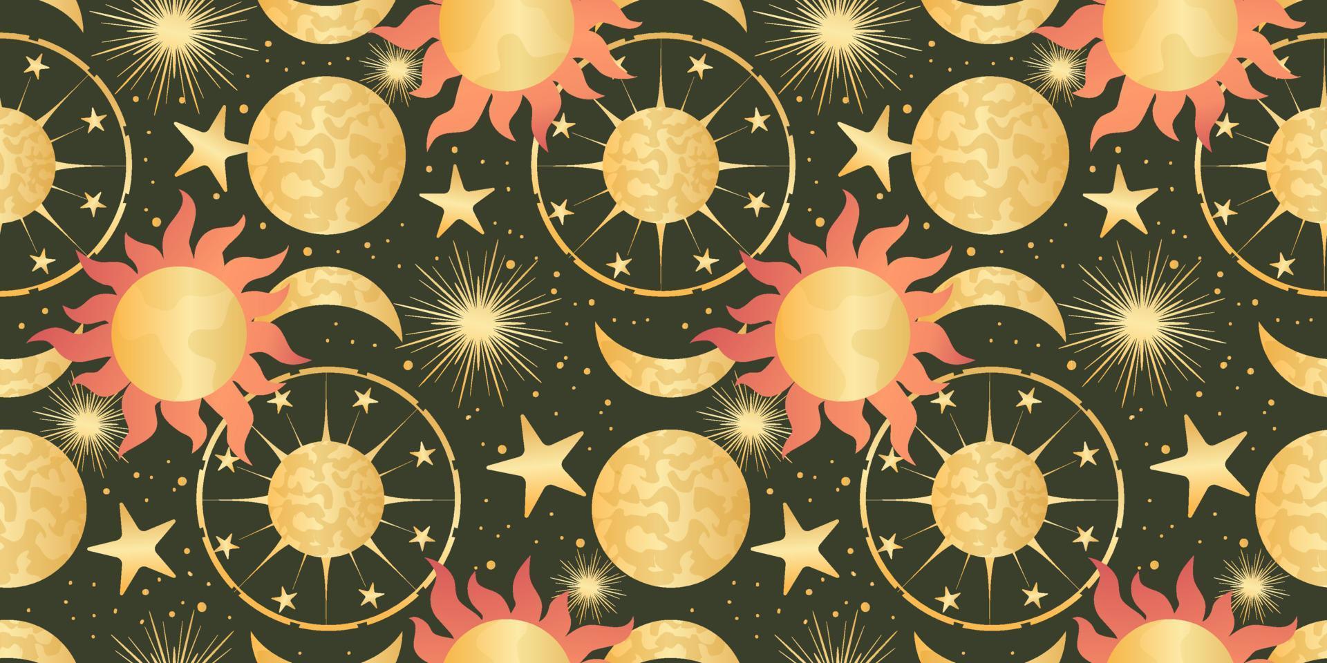 1920x960 Celestial seamless pattern with sun, moon and stars. Magic astrology in boho vintage style. Mystical pagan golden sun with planets and moon phases. Vector illustration