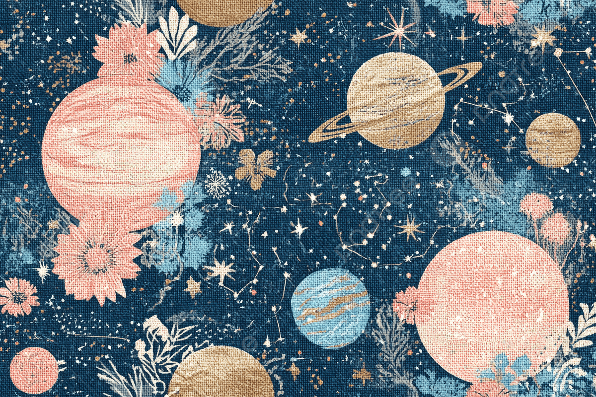 1200x800 Vintage Celestial Pattern Featuring Planets And Constellations Set Against A Dark Blue Background With Accents Of Peach Pink Seamless Design Suitable For Fabric, Vintage, Celestial, Pattern Background Image And Wallpaper for Free