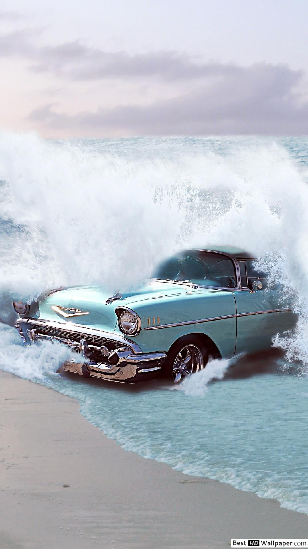 1080x1920 Chevy bel air in turquoise color covered by sea waves HD wallpaper download