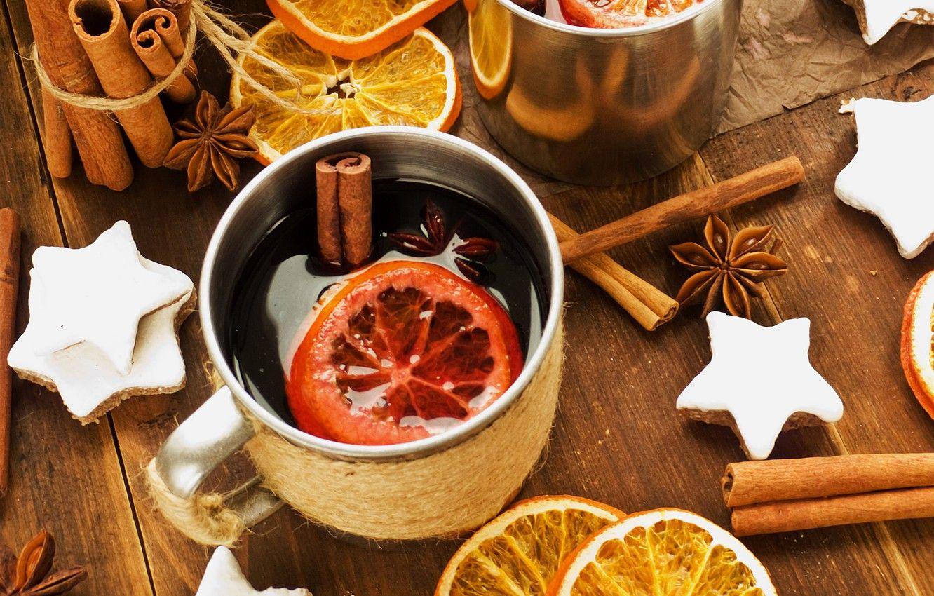 1332x850 Wallpaper winter, wine, oranges, sticks, New Year, cookies, Christmas, Cup, stars, drink, cinnamon, holidays, spices, star anise, Anis, mulled wine image for desktop, section еда