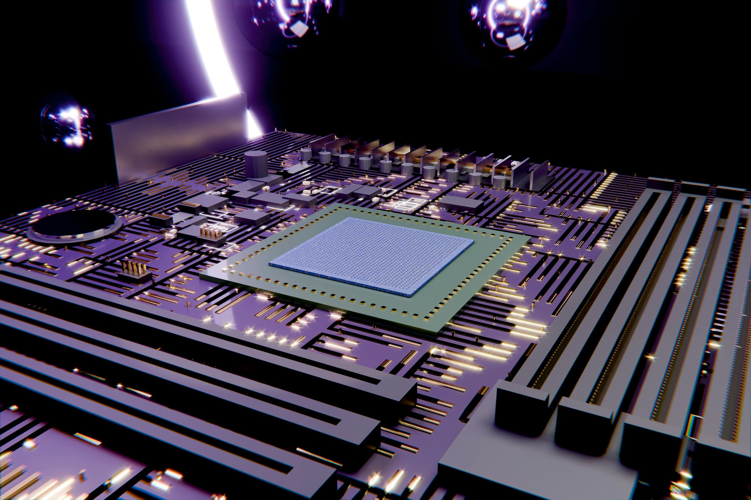 3000x2000 Computer motherboard illuminated by a purple ring and glowing spheres. photo