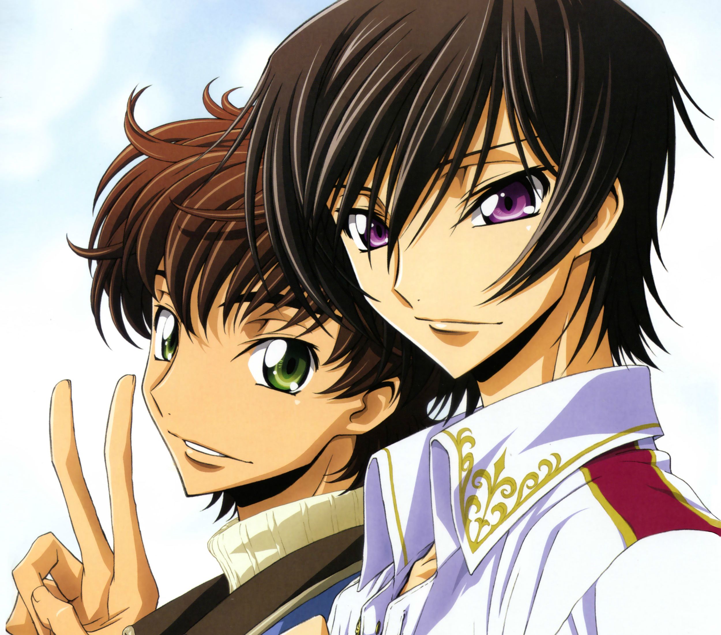 2500x2200 Wallpaper smile, each, Code Geass, lelouch lamperouge, two guys, Suzaku Kururugi, gesture V, by takahiro himura for mobile and desktop, section сёнэн, resolution 2500x2200