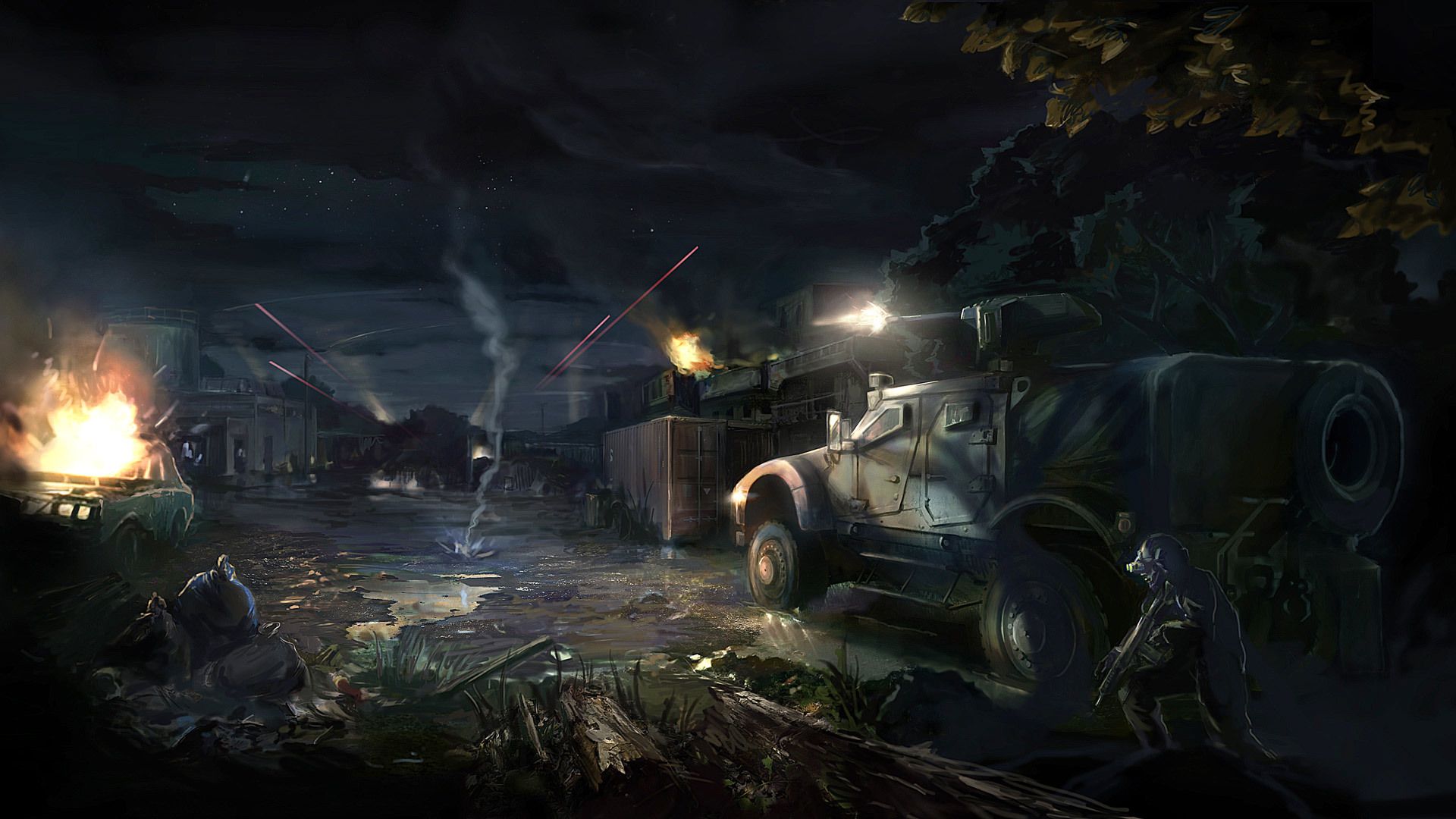 1920x1080 Wallpaper machine, night, the city, war, burns, tracers, ARMA 3 for mobile and desktop, section игры, resolution 1920x1080