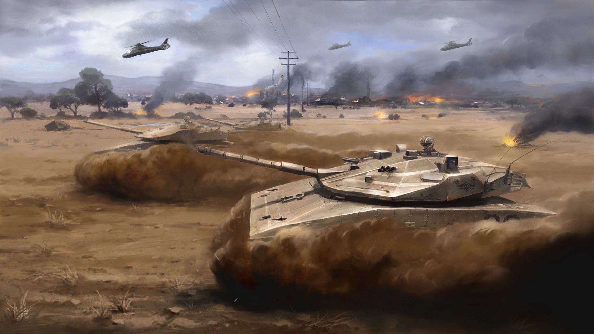 1920x1080 Wallpaper war, desert, tank, helicopter, storm, dust. art, ARMA 3 for mobile and desktop, section игры, resolution 1920x1080