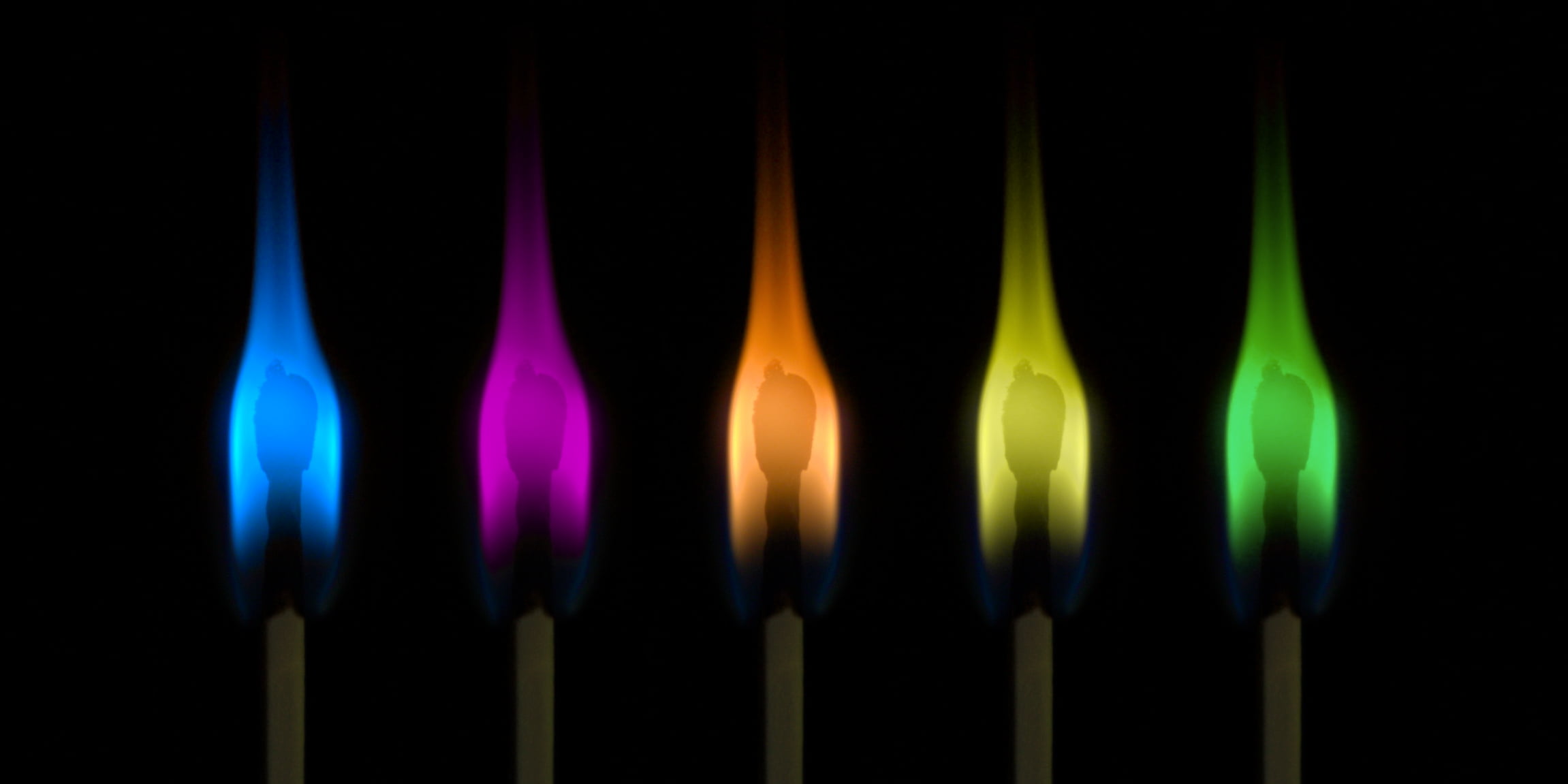 2302x1151 Five assorted color matchstick flames with black background HD wallpaper