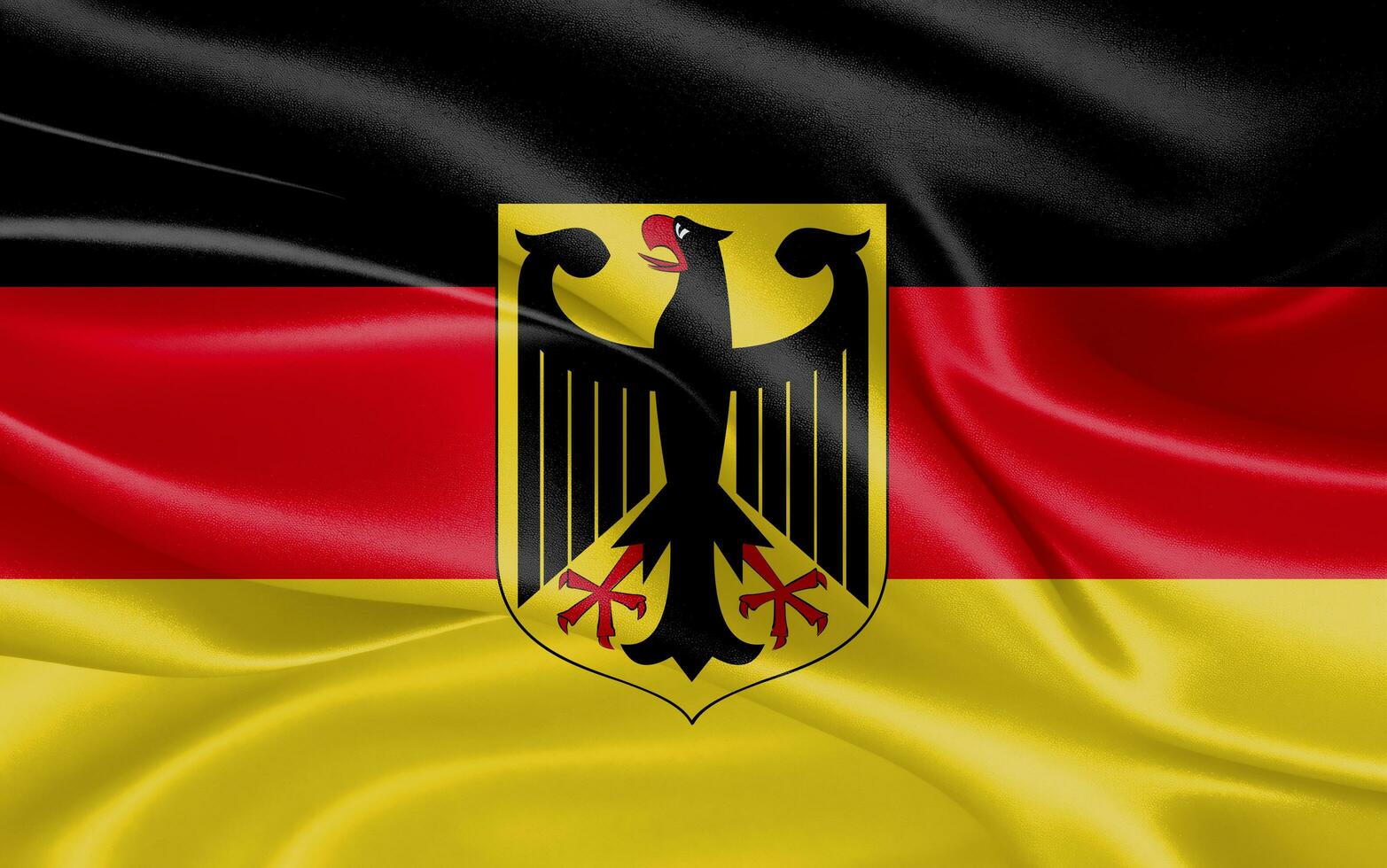 1565x980 3D waving realistic silk national flag of Germany. Happy national day Germany flag background. close up