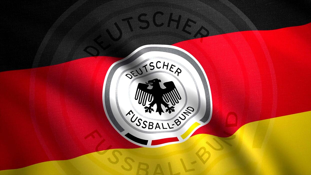 1244x700 Football logo on flag of country. Motion. Beautiful emblem of football team on flag of country. Waving flag of German football team