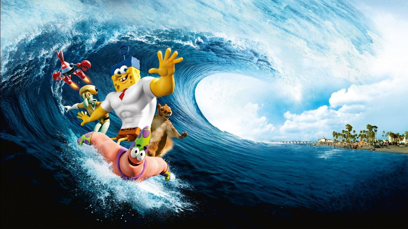 1366x768 Spongebob Squarepants surfing on ocean, SpongeBob SquarePants HD wallpaper