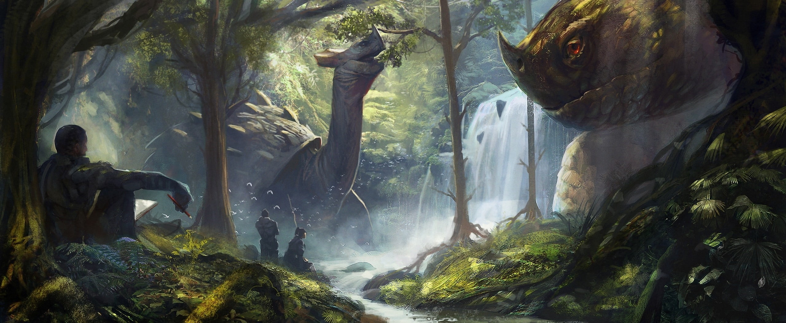 2559x1054 Dinosaur illustration, fantasy art, artwork HD wallpaper
