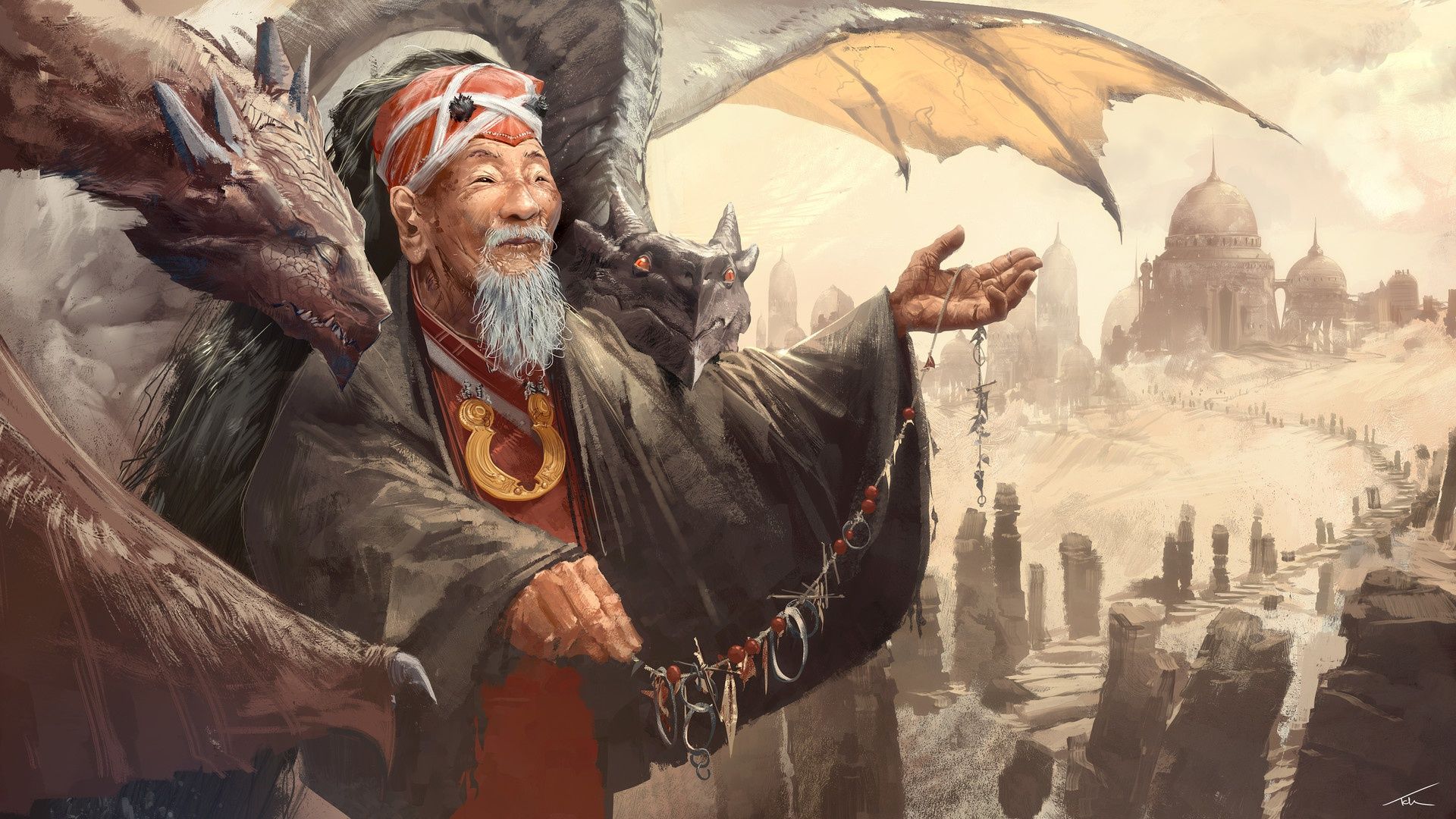 1920x1080 Wallpaper fantasy, old, man, artist, asian, digital art, artwork, fantasy art for mobile and desktop, section фантастика, resolution 1920x1080
