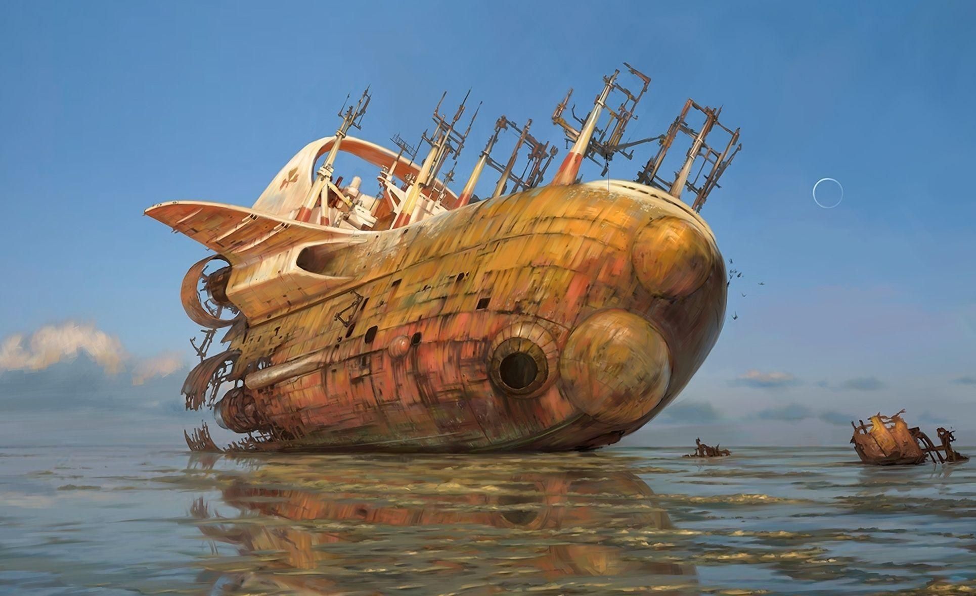 1930x1180 Phone wallpaper: Fantasy, Sea, Reflection, Old, Stranded, Shallow, Ship, Wreckage, Detritus 56700