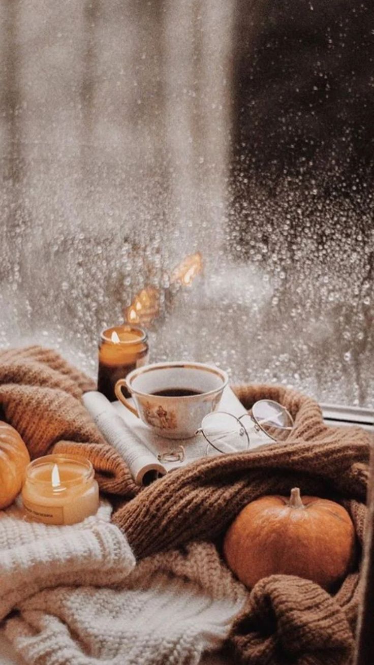 736x1309 Cozy Autumn Evening with Candles and Coffee. Cozy coffee and candles by rainy window, Cozy