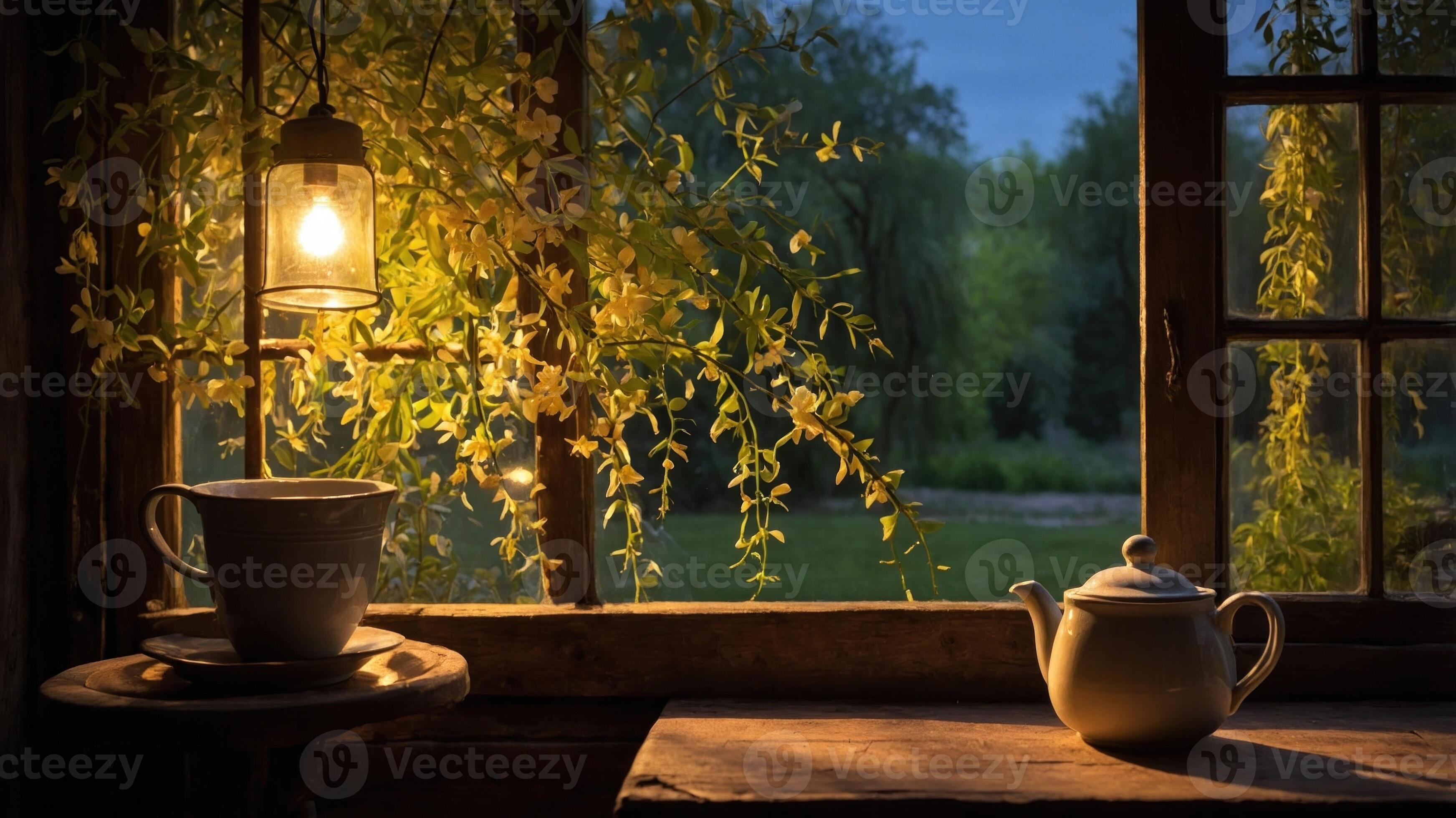 3488x1960 Cozy evening scene with a teapot and cup on a window sill, illuminated by warm light and surrounded
