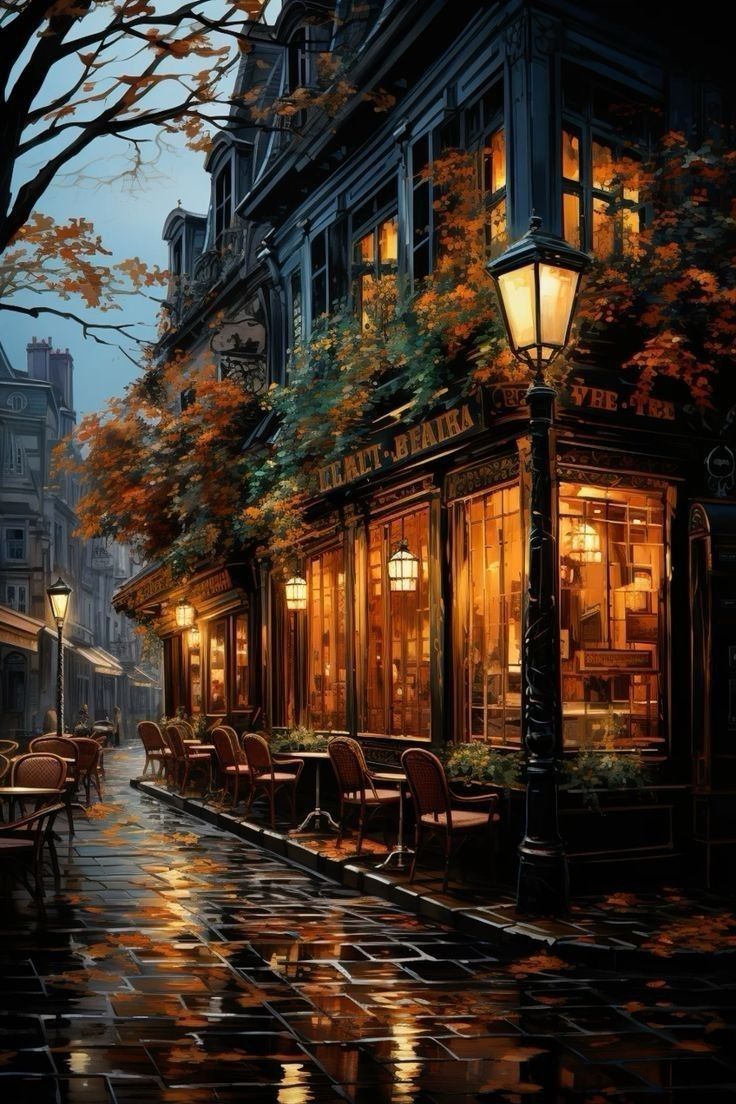 736x1104 Dreamy City Street at Night. Autumn cafe ambiance, Cozy cafe at night, Cozy evening photography inspiration