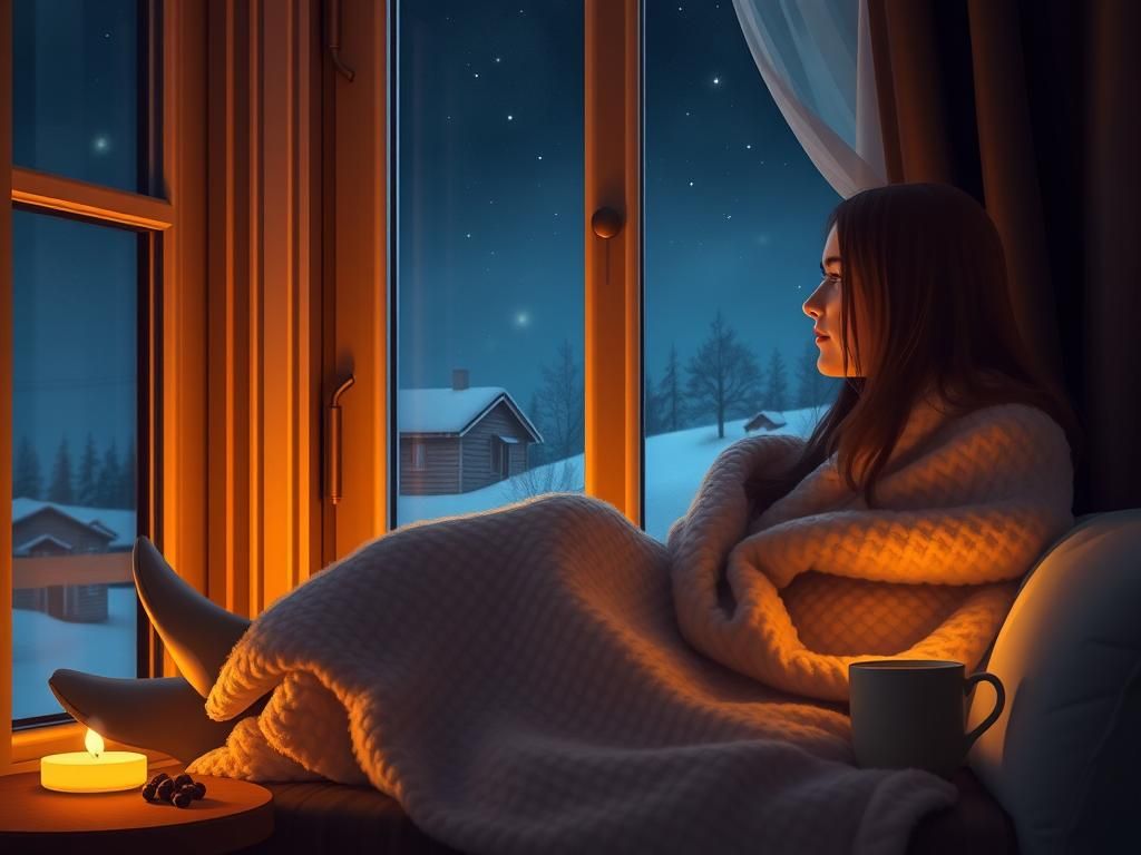 1024x768 A Cozy Evening Scene Showing A Young Woman Sitting By A Window