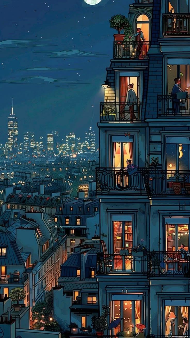 736x1308 City Moonlight Wallpaper. Cozy evening balcony ideas, Nighttime cityscape with illuminated balconies, Romantic night city