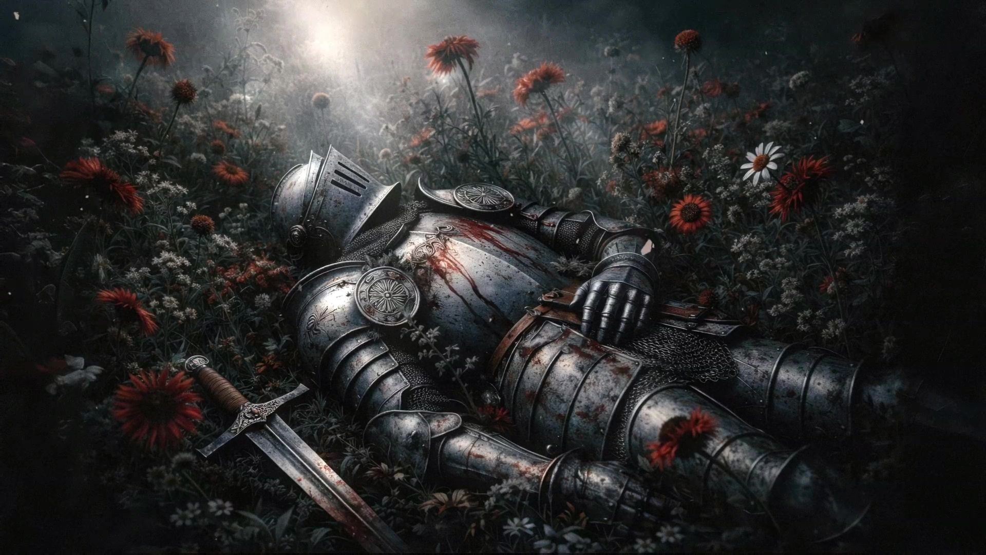 1920x1080 Fallen Knight Resting In A Field Of Red Flowers Live Wallpaper