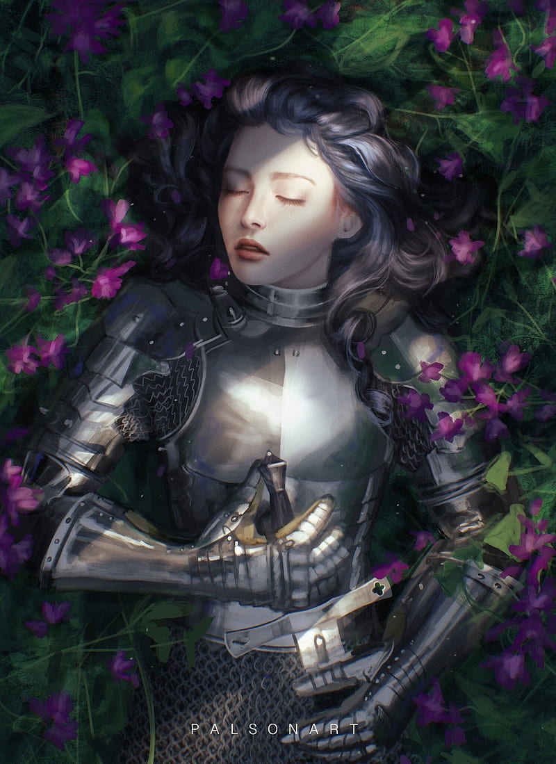800x1099 Paulina Bochniak, knight, lying on back, flowers, sword, open mouth, closed eyes, HD phone wallpaper