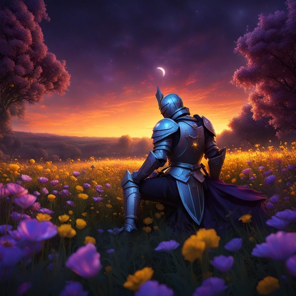 1024x1024 Knight in a field of flowers under a bright night sky