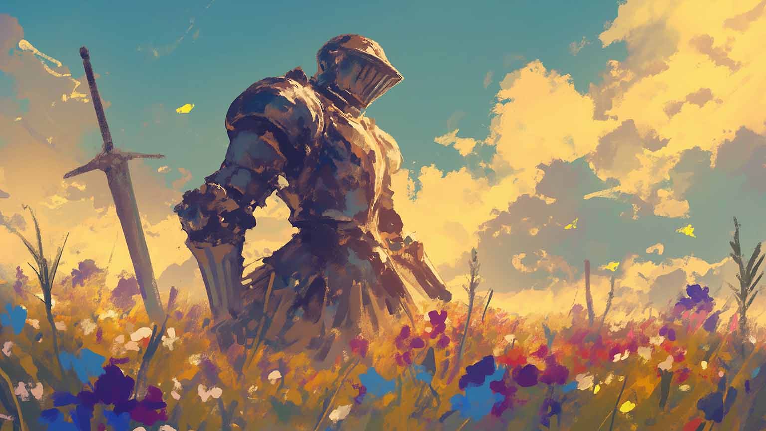 1536x864 Lone Knight in Flower Field Desktop Wallpaper Wallpaper 4k