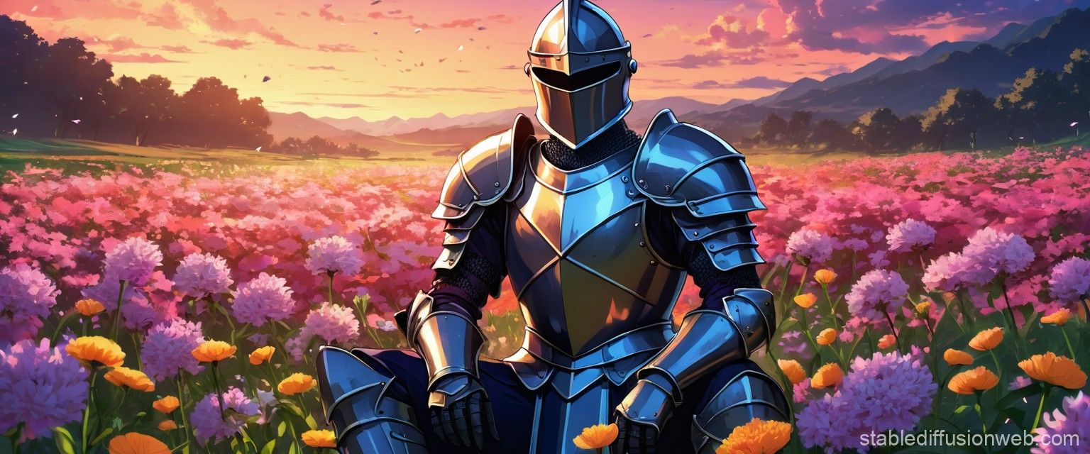 1536x640 Knight in Dark Armor among Flowers. Stable Diffusion Online
