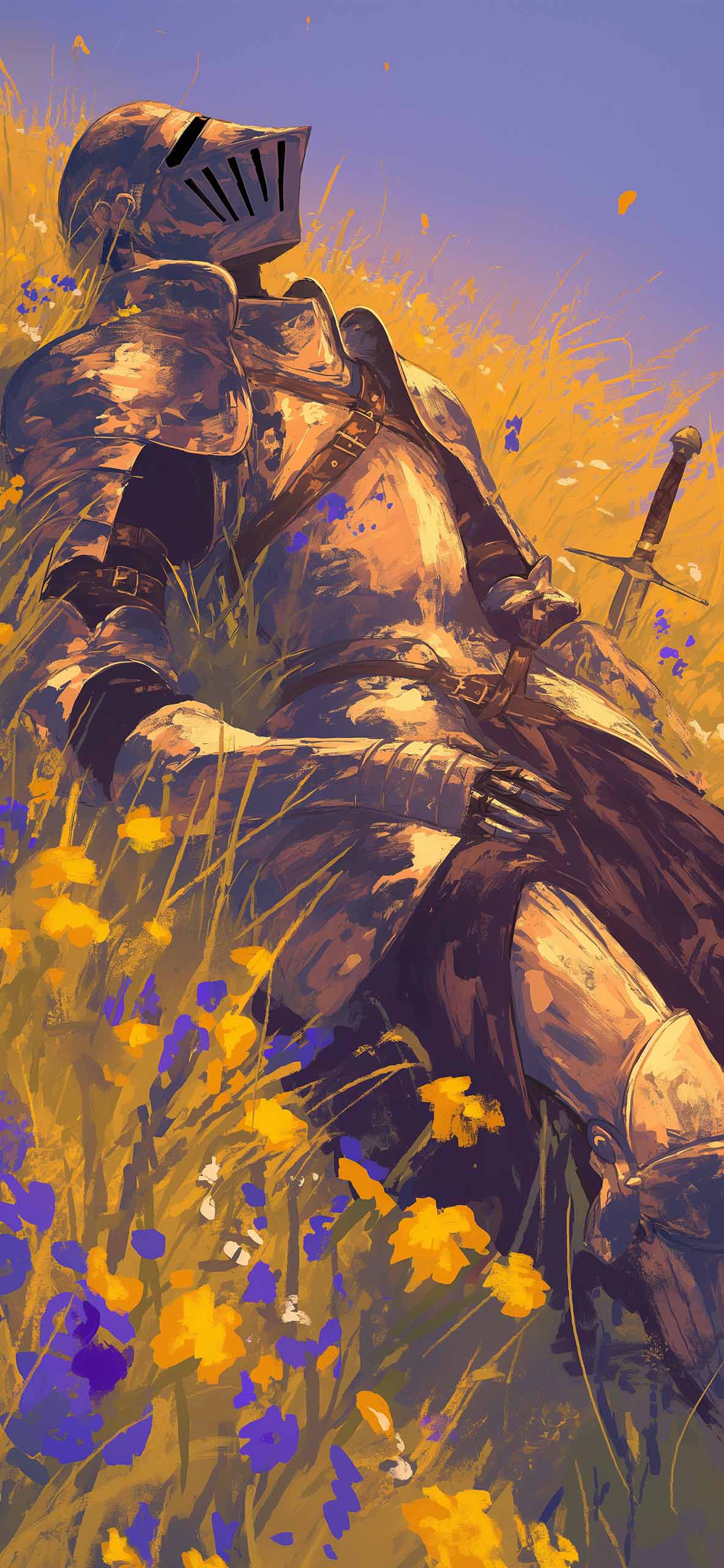 1183x2560 Knight Tired in Flower Field Wallpaper Wallpaper for iPhone