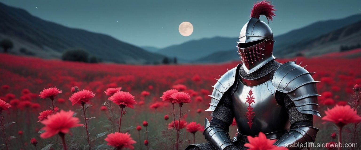 1536x640 Moonlit Knight in Red Flower Field. Stable Diffusion Online