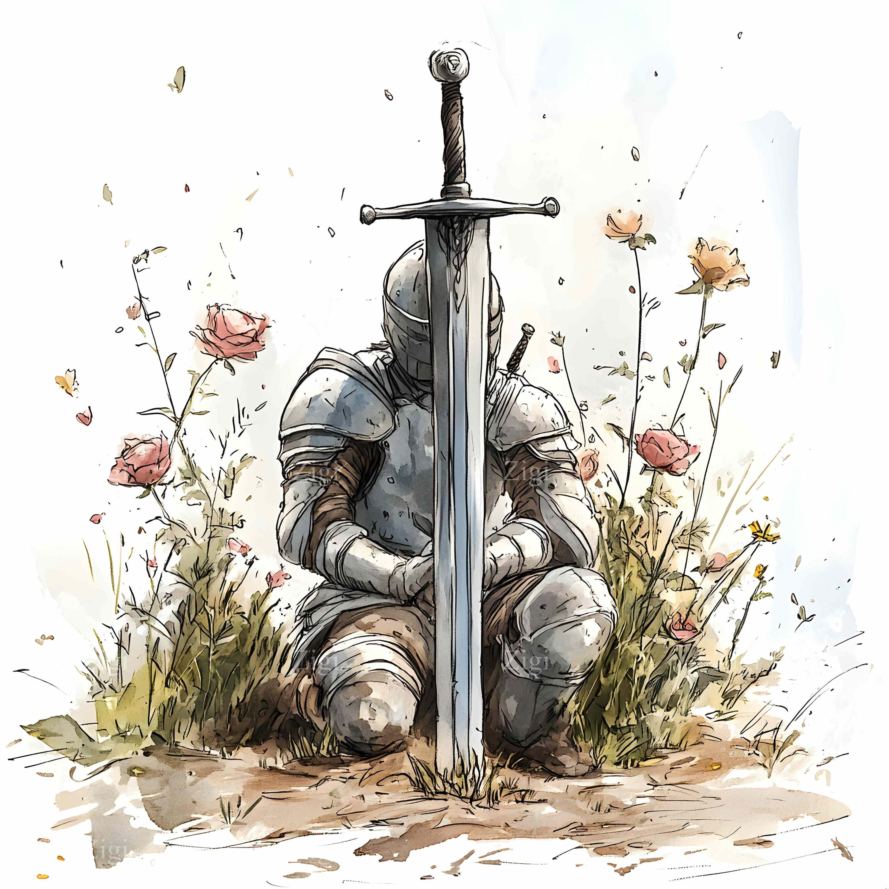 3000x3000 JPG Kneeling Knight Armor Sword Watercolor Flower Graphic