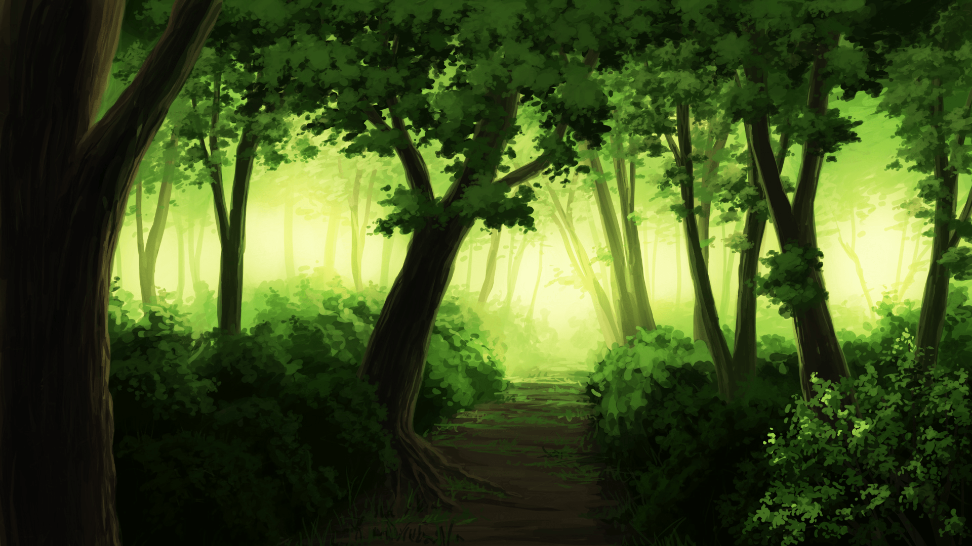 1920x1080 Enchanting Anime Forest HD Wallpaper: A Lush Green Escape by 青葉 HALx1080